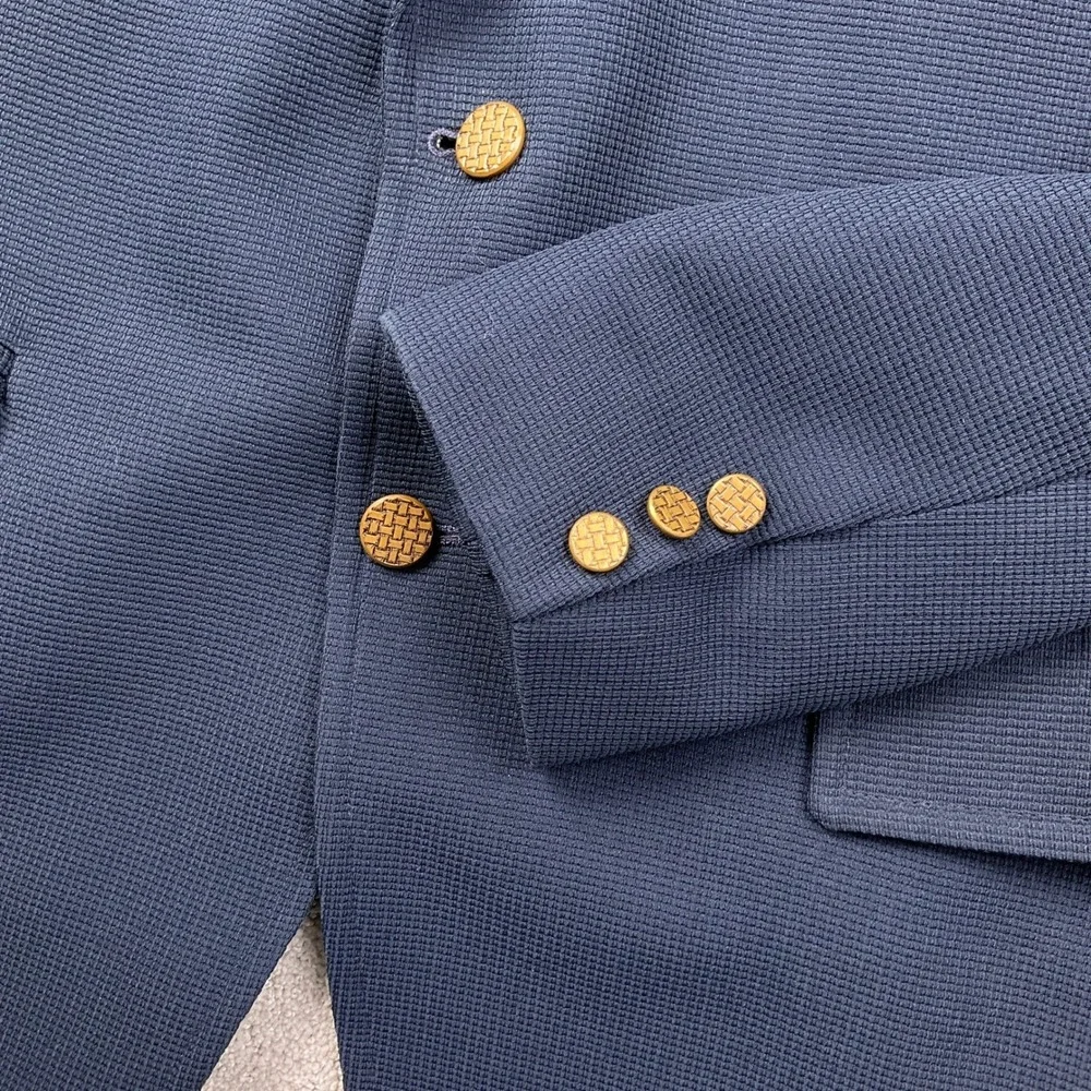 JCPenney Blazer Mens 38R Blue Gold Button Woven Poly 70s Leisure Suit Jacket VTG
